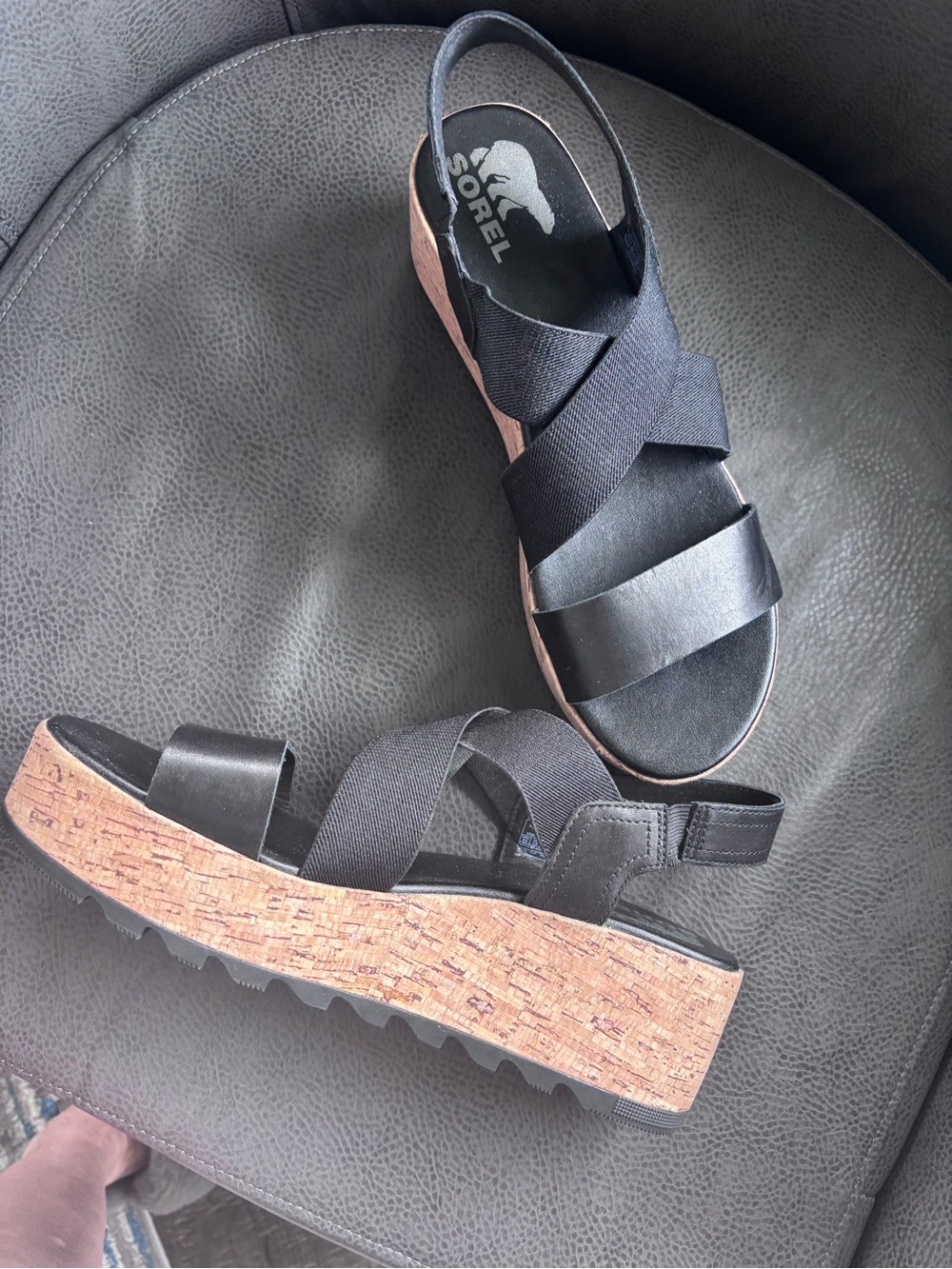 Sorel Black Platform Cork-Style Sandals